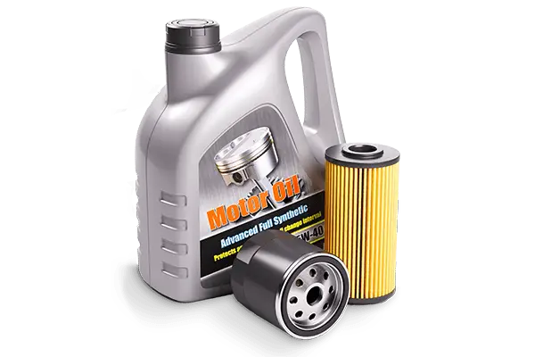 The Mufflerman, Mechanic Near Me A large gray container of Motor Oil, Advanced Full Synthetic, SAE 5W-40 is shown alongside two oil filters—one yellow and cylindrical, the other metallic. Ideal for vehicle service needs, this set ensures your engine stays running smoothly.