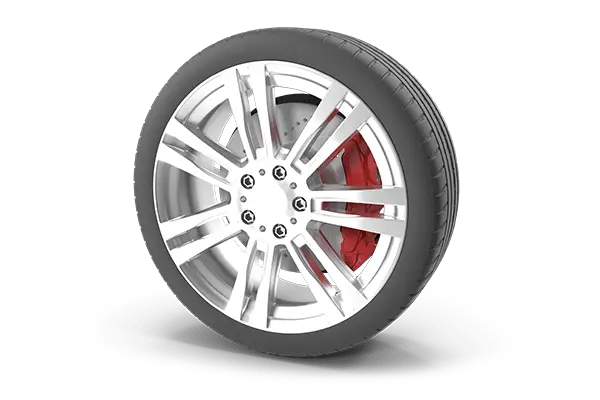 The Mufflerman, Mechanic Near Me A 3D-rendered image showcases a vehicle service detail with a car wheel, black tire, and silver alloy rim featuring multiple spokes. The brake disc and red caliper peek through the rim, all set against a sleek black background.