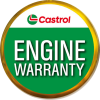 The Mufflerman, Mechanic Near Me A circular logo with a yellow border features the Castrol logo at the top. Below it, bold white text on a green background reads ENGINE WARRANTY.