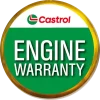 The Mufflerman, Mechanic Near Me A circular logo with a yellow border features the Castrol logo at the top. Below it, bold white text on a green background reads ENGINE WARRANTY.